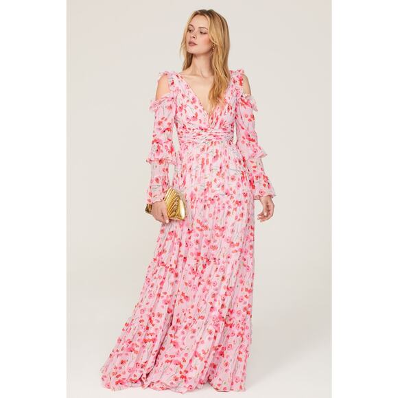 Ieena for Mac Duggal Pink Floral Chiffon Cold Shoulder Tiered Long Sleeve Gown 2 - Picture 1 of 13